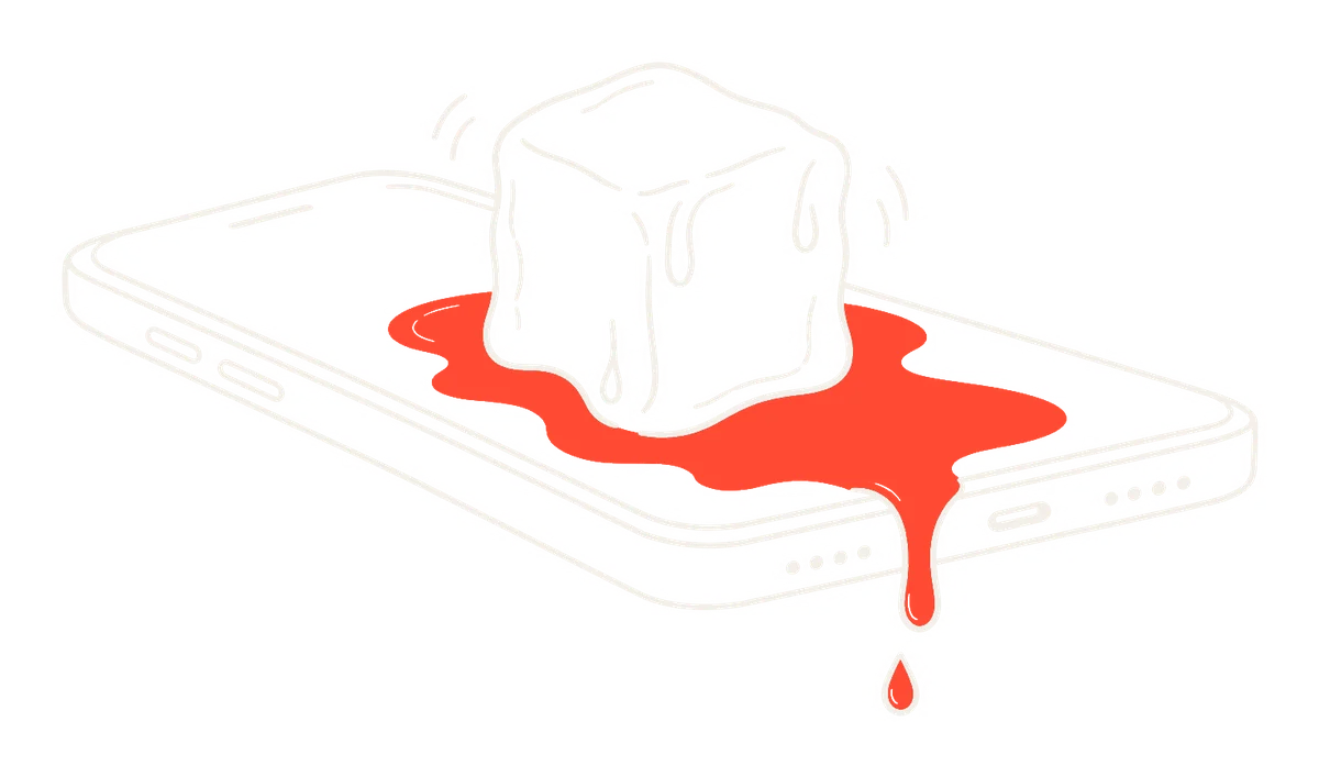 Line drawing of an ice cube melting on a smartphone screen