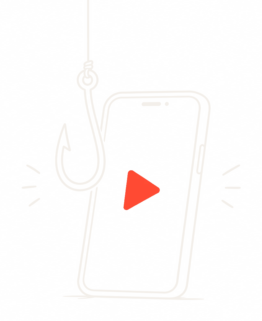Line drawing of a fishing hook dangling beside a smartphone playing a video